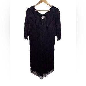 Hal Ferman Vintage Black Fringe Flapper Dress Size 12